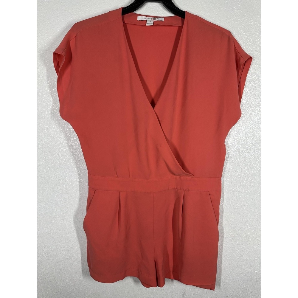 Diane Von Furstenberg Romper Womens 12 Coral Wrap‎ V Neck Short Sleeve Pockets